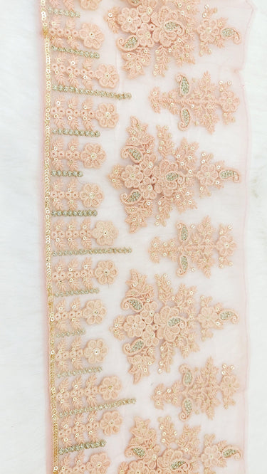 9 Yards Peach Net Lace Trim Floral Embroidery and Gold Sequins, Floral Sari Border, Decorative Trim